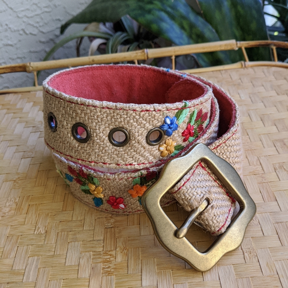 NWT Lucky Brand Belt Embroidered Owl Floral Jute